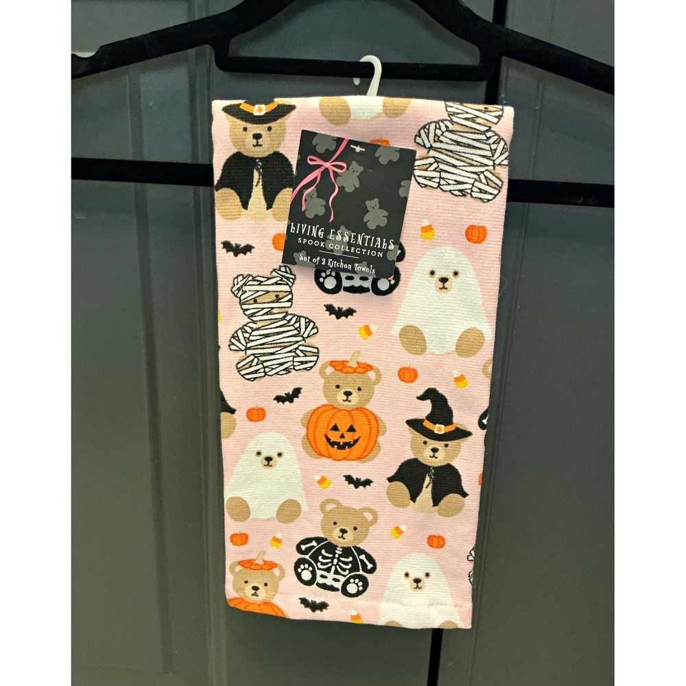 Living Essentials Spook Collection 2-pk Kitchen Towels Pink Bear Halloween